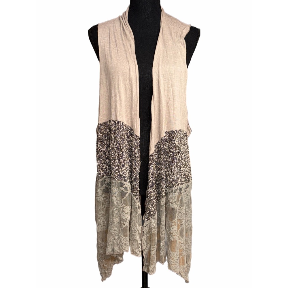 Surrealist Mixed Media Lace Tiered Draped Vest Tan Brown Boho Sleeveless Vest
